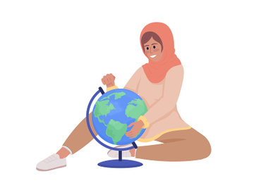 Excited girl studying Earth globe color vector character preview picture