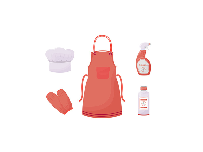 Cook uniform items and sanitizers flat color vector objects set