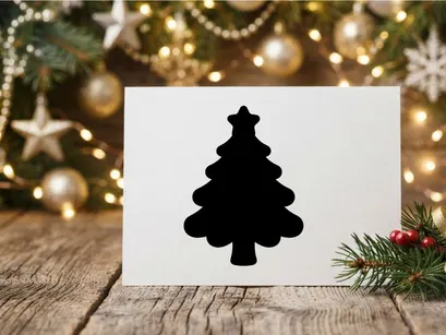 Ikon siluet pohon Natal hitam dengan hiasan puncak bintang di latar belakang putih