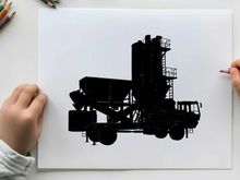 Silhouette of a large industrial truck with a tall conveyor system