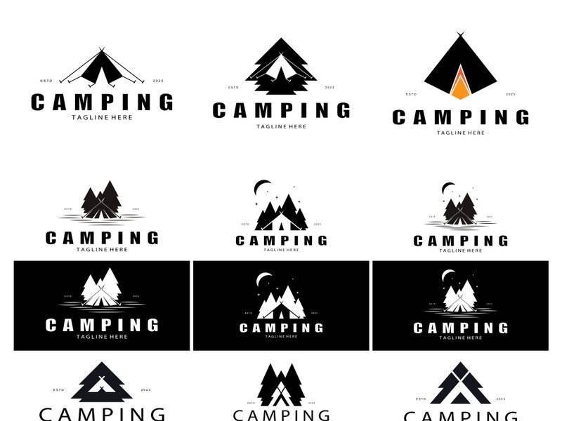 vintage and retro tent logo, camping. With tent, tree and bonfire sign. adventurers, scouts, climbers, camping equipment center