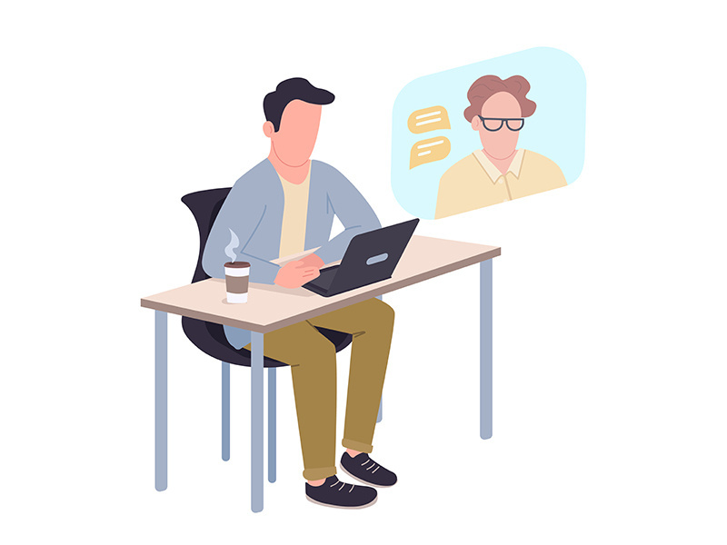 Guy studying at home flat color vector faceless character