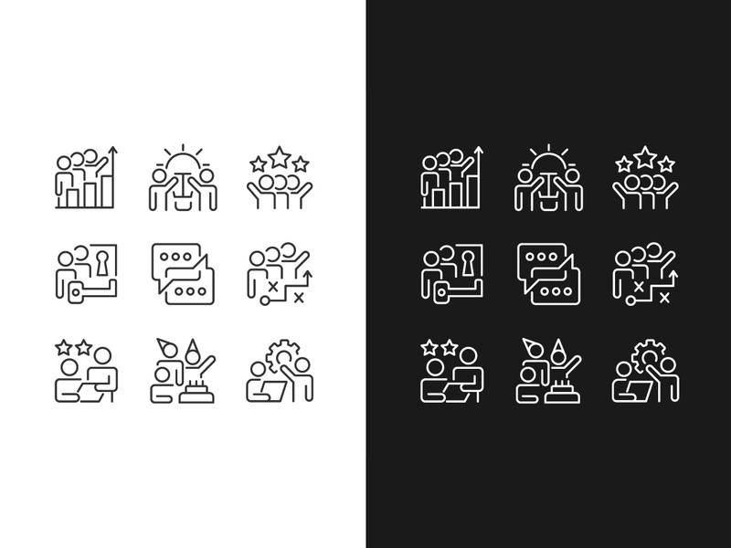 Team activity pixel perfect linear icons set