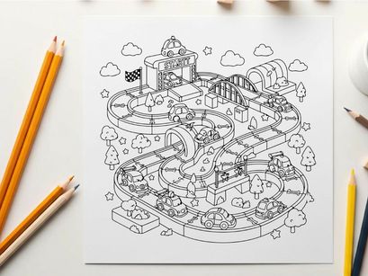 Winter village race track toy set vector illustration