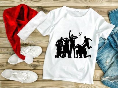 Silhouette of soccer players in various poses on a white background