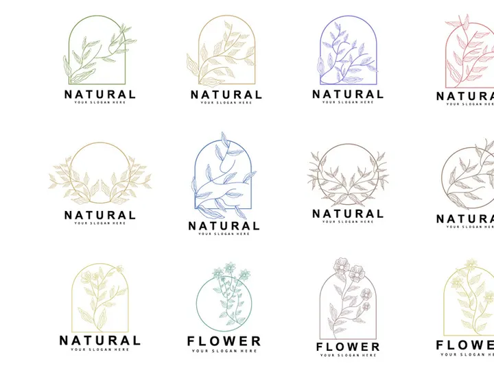 Simple Botanical Leaf and Flower Logo, Vector Natural Line Style, Decoration Design, Banner, Flyer, Wedding Invitation, and Product Branding