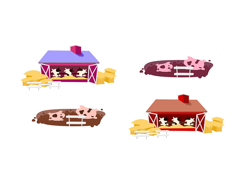 Cowsheds flat color vector objects set