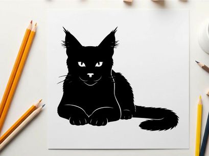 Silhouette of a black cat lying down looking forward