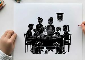 Family celebrating hanukkah with menorah silhouette