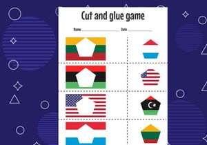 12 Pages Cut and glue game for kids with country flag. Cutting practice for preschoolers. Education paper game for children