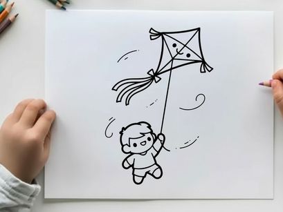 Child flying kite happy outdoor play vector illustration