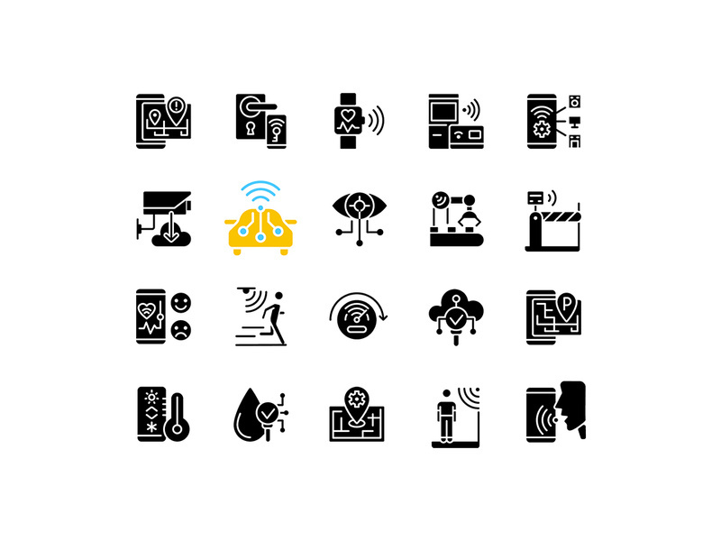 IoT black glyph icons set on white space