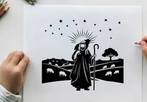 Silhouette of a shepherd under starry night with sheep