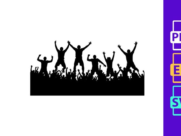Silhouette of joyful people jumping and celebrating with raised arms in unison together