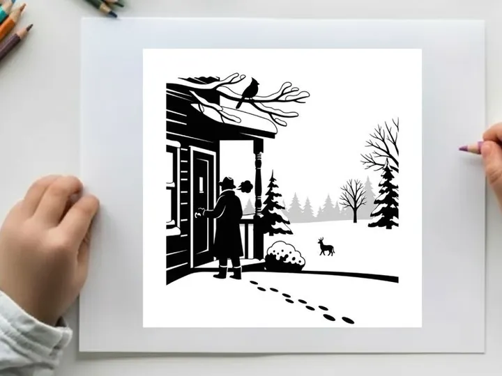 Winter scene silhouette of a woman and dog outside a cabin