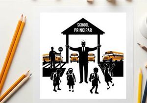 School principal silhouette welcoming students on a busy morning