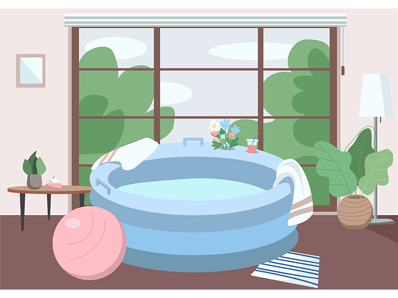 Inflatable tub at home flat color vector illustration