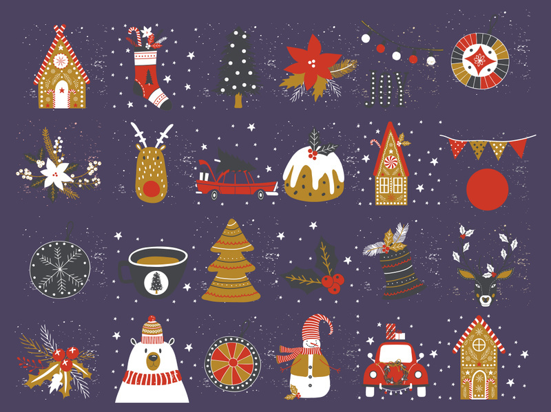 Christmas elements, happy new year, winter, ball tree snowman, santa and snowflake.