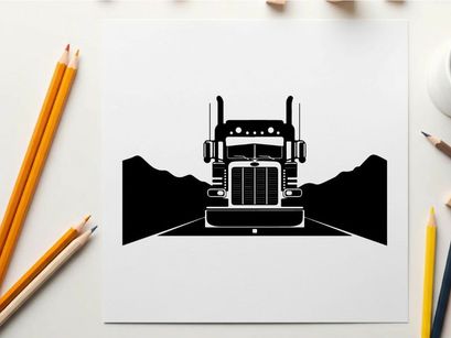Semi truck silhouette on open road with mountains