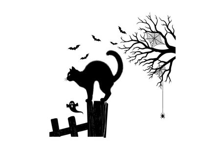 Black cat silhouette on fence under full moon