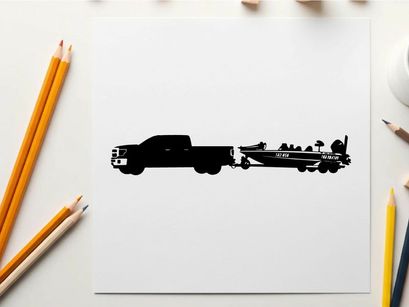 Silhouette of a pickup truck towing a fishing boat