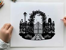 Silhouette of a garden gate with floral arch silhouette