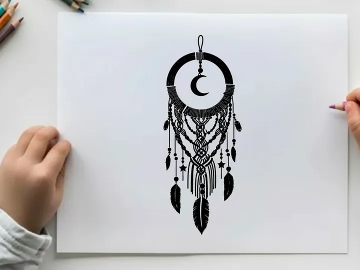 Silhouette dreamcatcher with crescent moon and feathers