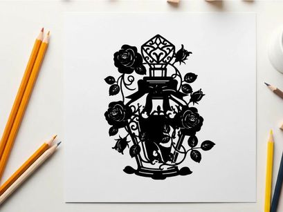 Silhouette of perfume bottle with roses and bow