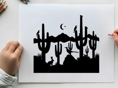 Desert silhouette with cacti and birds under moonlight