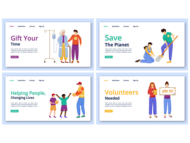 Charity activities landing page vector templates set