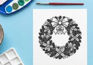 Christmas wreath line art illustration with pine branches holly berries and a large bow