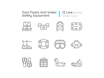 Pool floats and water safety equipment linear icons set preview picture