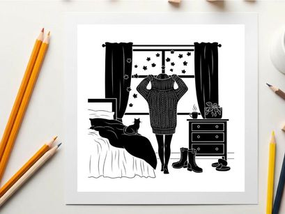 Woman silhouette standing by window in bedroom with cat and boots