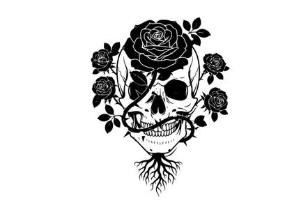 Silhouette skull with roses and roots silhouette