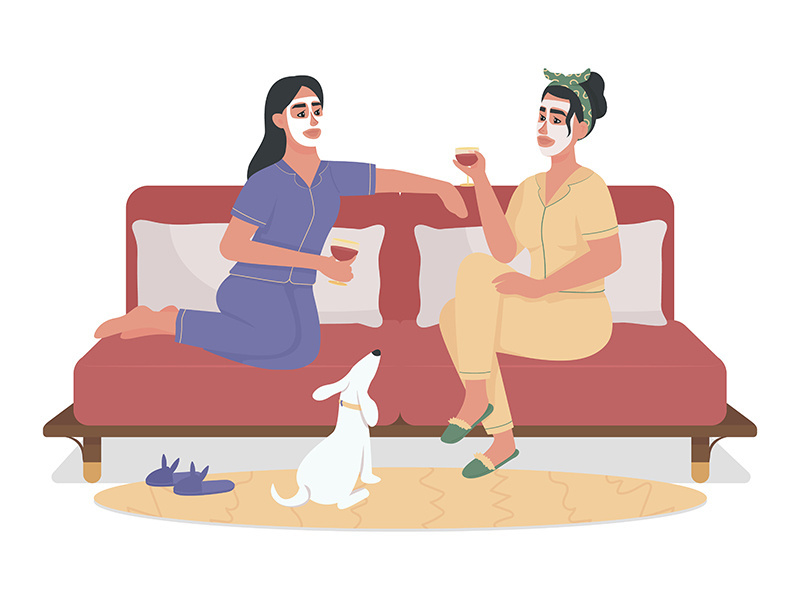 Girls drinking wine on comfy couch semi flat color vector characters