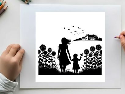 Silhouette of mother and child in dandelion field with birds and house