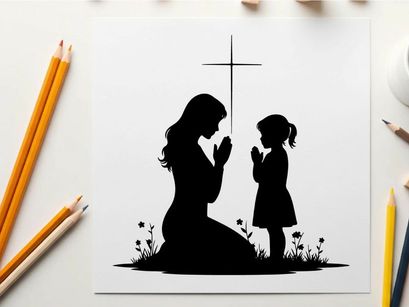 Silhouette of mother and child praying together under cross