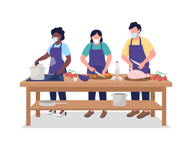Man and women in face mask during cooking class flat color vector faceless character