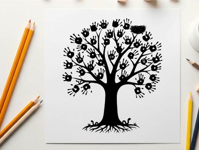 Silhouette of a tree with flowers and roots visible