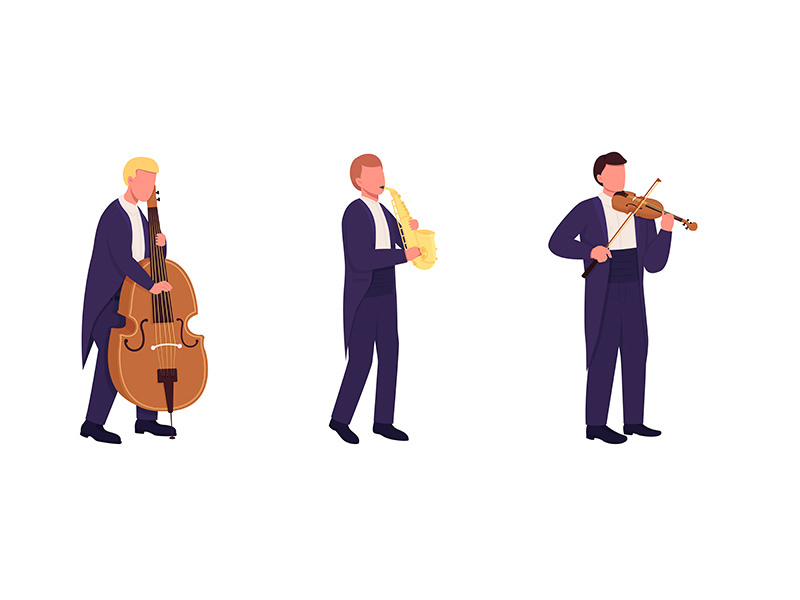Orchestra musicians with musical instruments flat color vector faceless character set