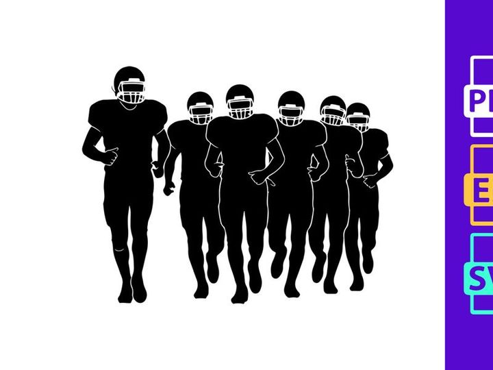 American football players in motion running together in unison