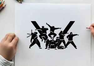 Silhouette of ninja warriors in dynamic poses forming a letter