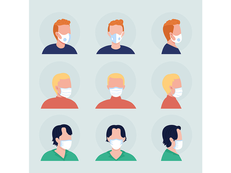 Face covering flat color vector character avatar with mask set