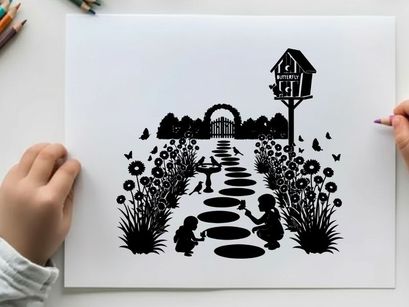 Whimsical garden scene with silhouette of children and birdhouse