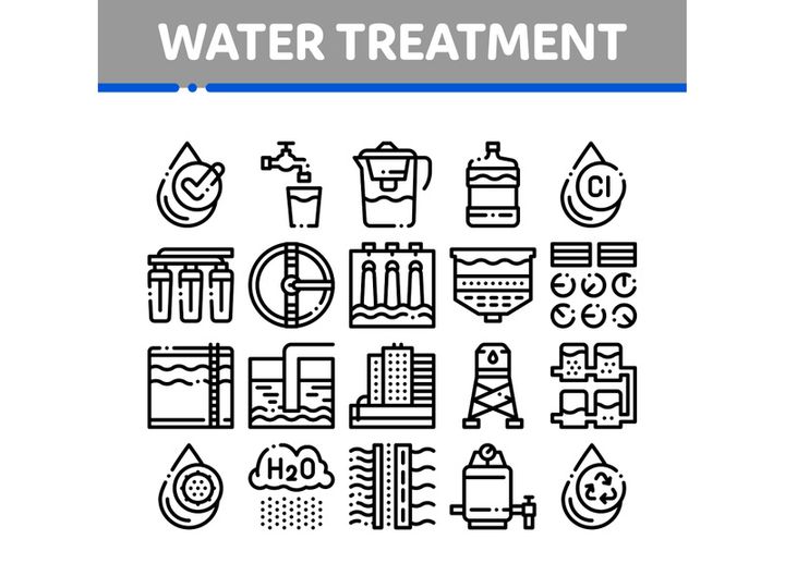 Water Treatment Items Vector Thin Line Icons Set