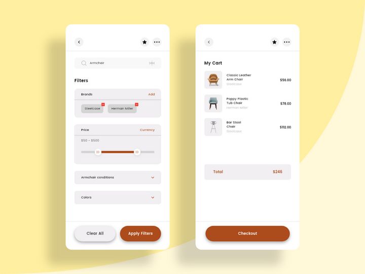 My cart and Filter screens for Furniture app