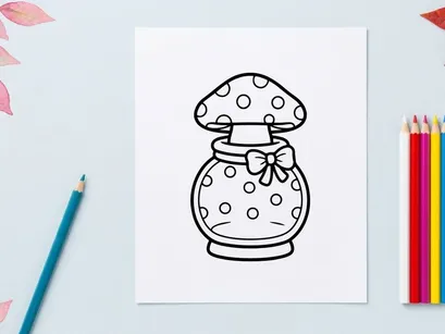 Cute cartoon mushroom jar with polka dots and bow. Whimsical toadstool container for Halloween or fantasy decor.