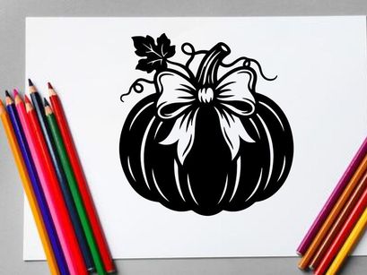 Stylized Halloween Pumpkin with Bow and Leaf Illustration