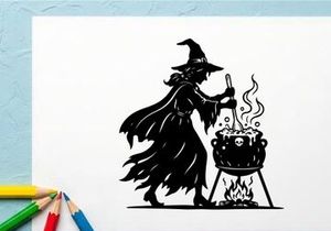 Witch Brewing Potion in Cauldron with Magic Smoke