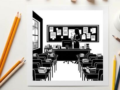 Silhouette of a teacher standing in a classroom with desks and a blackboard